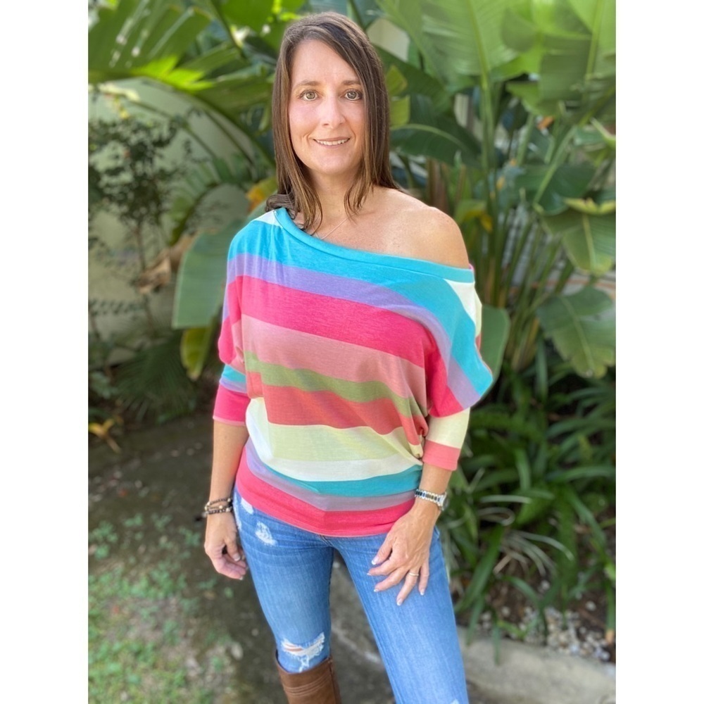 Lightweight Off Shoulder Dolman Knit French Terry Multi 4720